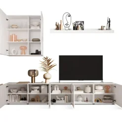 Parete attrezzata 301x220h cm soggiorno moderna bianco lucido rovere Universal