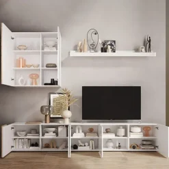 Parete attrezzata 301x220h cm soggiorno moderna bianco lucido rovere Universal