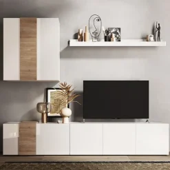 Parete attrezzata 301x220h cm soggiorno moderna bianco lucido rovere Universal