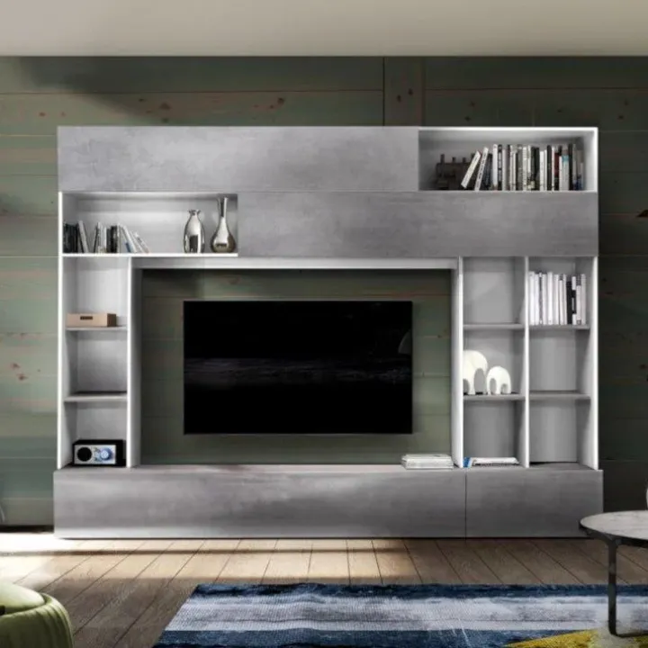 Parete attrezzata 277x211h cm soggiorno bianco cemento Illuminum
