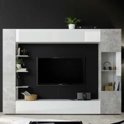 Parete attrezzata 257x187h cm soggiorno bianco lucido cemento Steppi 3