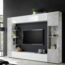 Parete attrezzata 257x187h cm soggiorno bianco lucido cemento Steppi 3