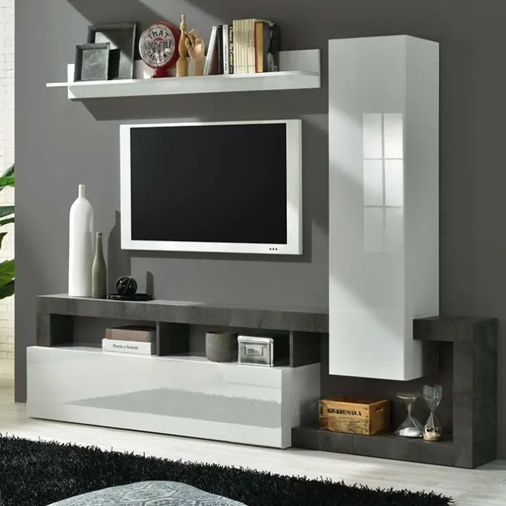 Parete attrezzata 219x200h cm soggiorno bianco lucido ossido Invictus 2