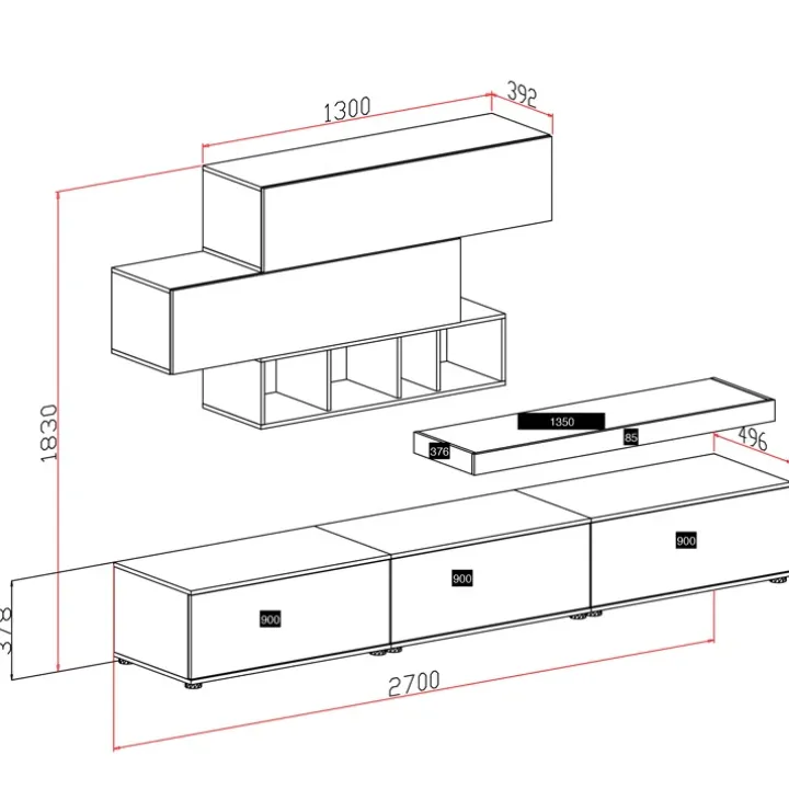 Parete attrezzata 270x183h cm soggiorno rovere antracite America Gihome®