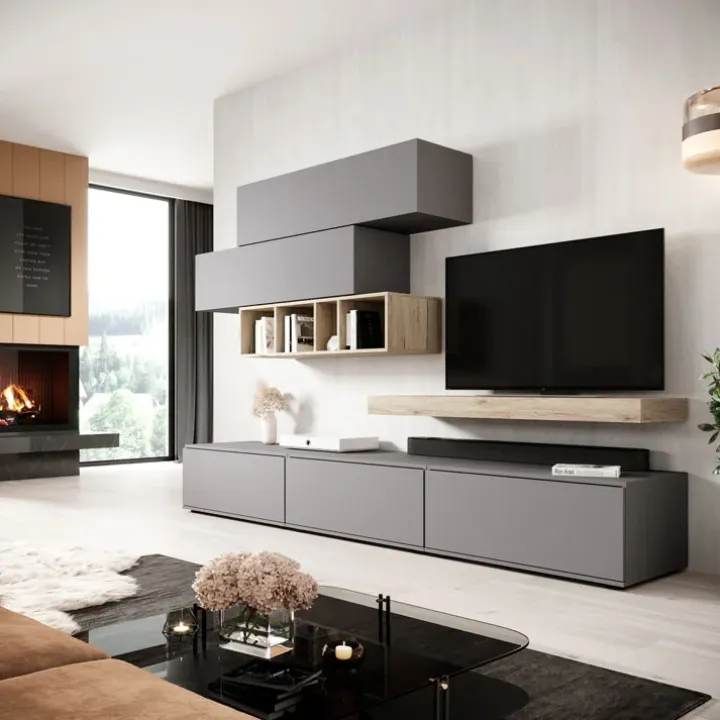 Parete attrezzata 270x183h cm soggiorno rovere antracite America Gihome®