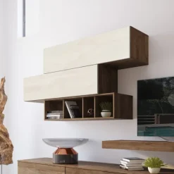 Parete attrezzata 270x183h cm soggiorno noce bianco spatolato America Gihome®