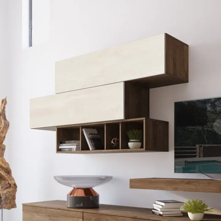 Parete attrezzata 270x183h cm soggiorno noce bianco spatolato America Gihome®