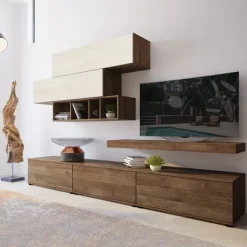 Parete attrezzata 270x183h cm soggiorno noce bianco spatolato America Gihome®