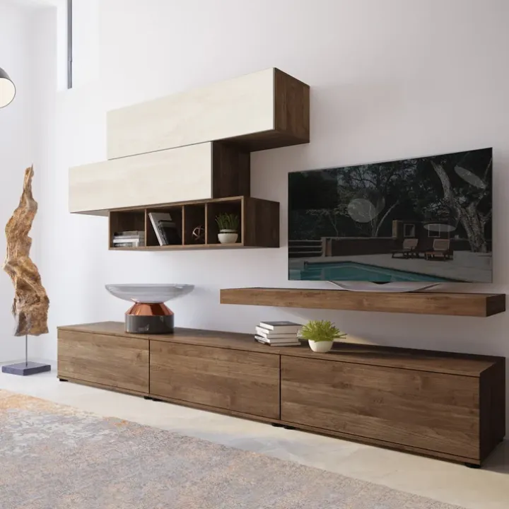 Parete attrezzata 270x183h cm soggiorno noce bianco spatolato America Gihome®