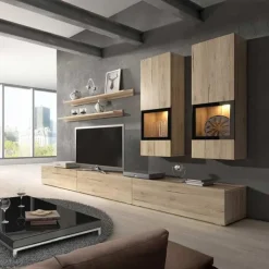 Parete attrezzata 270x176h cm soggiorno moderna rovere nero Emotion Gihome®