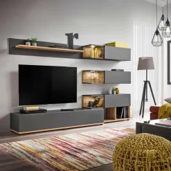 Parete attrezzata 240x150h cm soggiorno rovere antracite Oviedo Gihome®