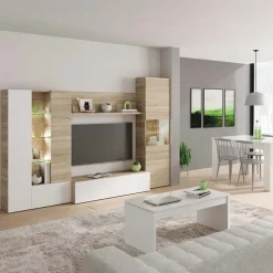 Parete attrezzata 260x185h cm soggiorno rovere bianco lucido Gary