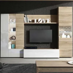 Parete attrezzata 260x185h cm soggiorno rovere bianco lucido Gary