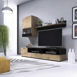Parete attrezzata 175x170h cm soggiorno rovere nero opaco Oden