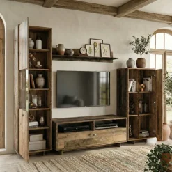 Parete attrezzata 260x185h cm soggiorno legno antico West Gihome®
