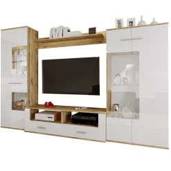 Parete attrezzata 280x185h cm soggiorno bianco lucido rovere Wall