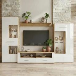 Parete attrezzata 280x185h cm soggiorno bianco lucido rovere Wall