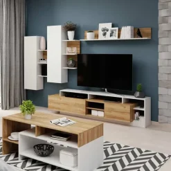 Parete attrezzata 260x190h cm soggiorno moderna rovere bianco opaco Blob