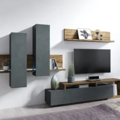 Parete attrezzata 219x 205h cm soggiorno antracite spatolato noce Megan Gihome®