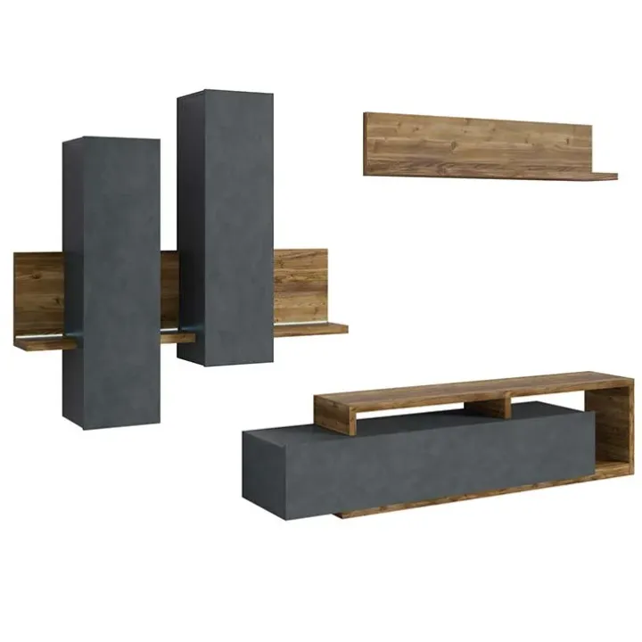 Parete attrezzata 219x 205h cm soggiorno antracite spatolato noce Megan Gihome®