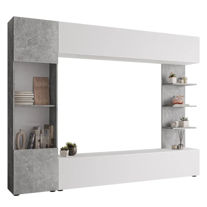 Parete attrezzata 250x187h cm soggiorno bianco effetto pietra Gracia