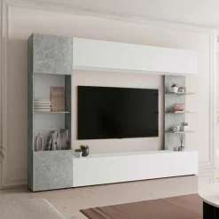 Parete attrezzata 250x187h cm soggiorno bianco effetto pietra Gracia