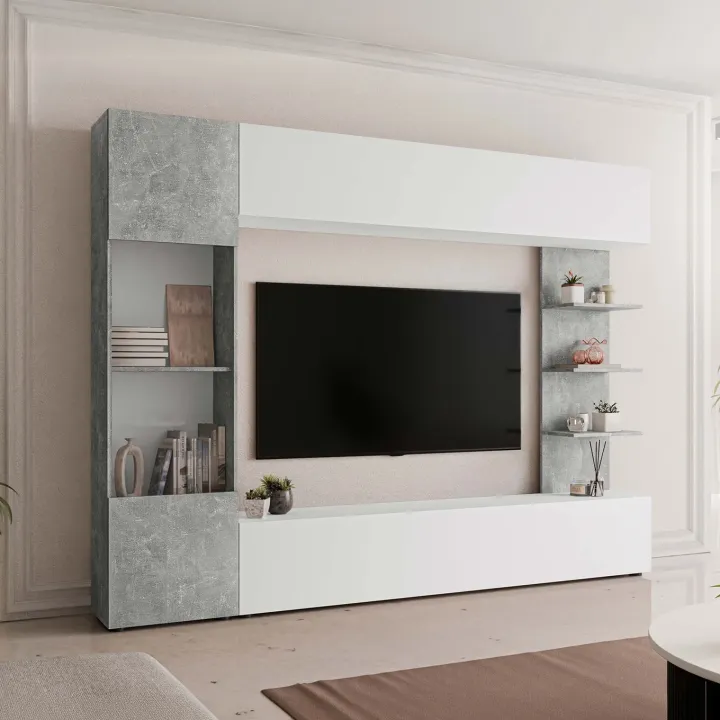 Parete attrezzata 250x187h cm soggiorno bianco effetto pietra Gracia