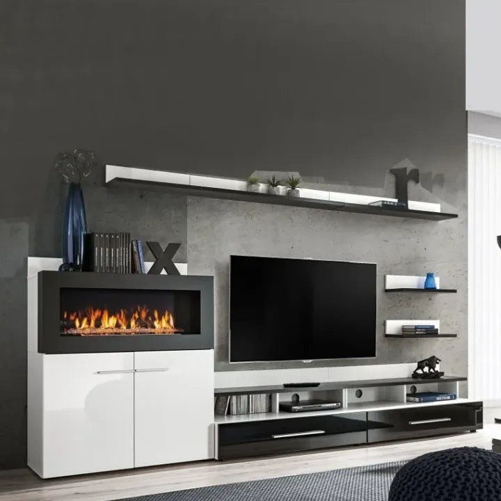 Parete attrezzata 290x165h cm soggiorno bianco opaco e lucido nero Vega Gihome®