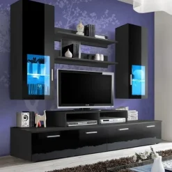 Parete attrezzata 200x190h cm soggiorno nero lucido Orlando Gihome®