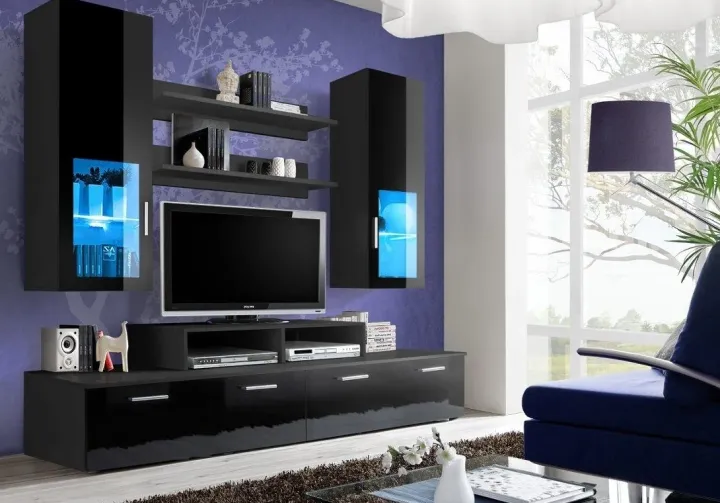 Parete attrezzata 200x190h cm soggiorno nero lucido Orlando Gihome®