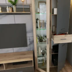 Parete attrezzata 390x201h cm soggiorno rovere grigio lucido Diran
