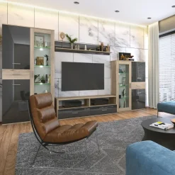 Parete attrezzata 390x201h cm soggiorno rovere grigio lucido Diran