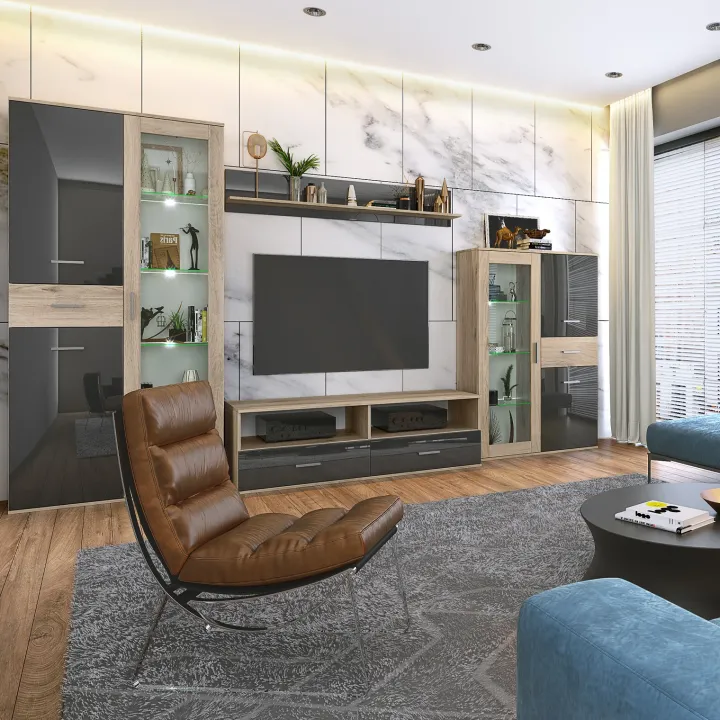 Parete attrezzata 390x201h cm soggiorno rovere grigio lucido Diran
