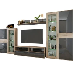Parete attrezzata 390x201h cm soggiorno rovere grigio lucido Diran