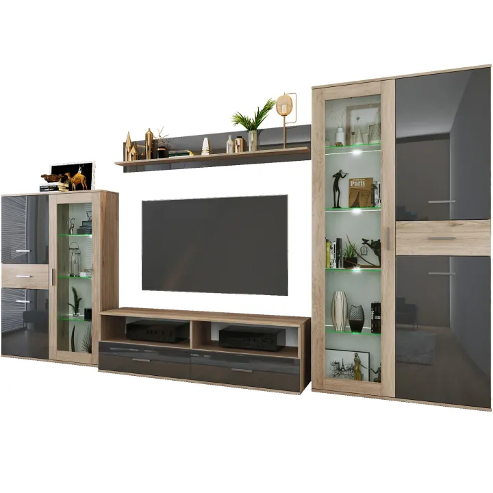 Parete attrezzata 390x201h cm soggiorno rovere grigio lucido Diran