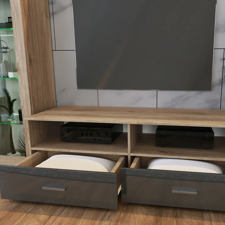 Parete attrezzata 390x201h cm soggiorno rovere grigio lucido Diran
