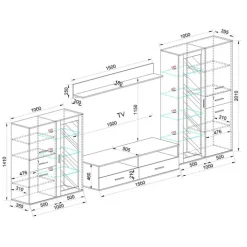 Parete attrezzata 390x201h cm soggiorno rovere grigio lucido Diran