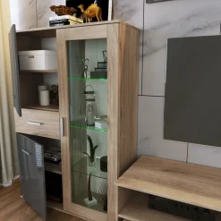Parete attrezzata 390x201h cm soggiorno rovere grigio lucido Diran