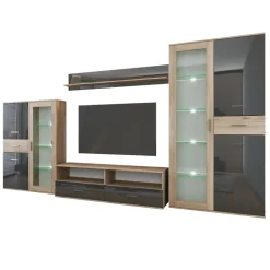 Parete attrezzata 390x201h cm soggiorno rovere grigio lucido Diran