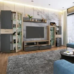 Parete attrezzata 390x201h cm soggiorno rovere grigio lucido Diran