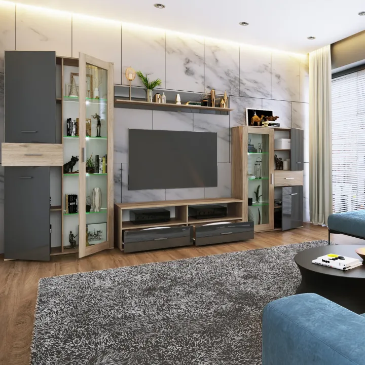Parete attrezzata 390x201h cm soggiorno rovere grigio lucido Diran