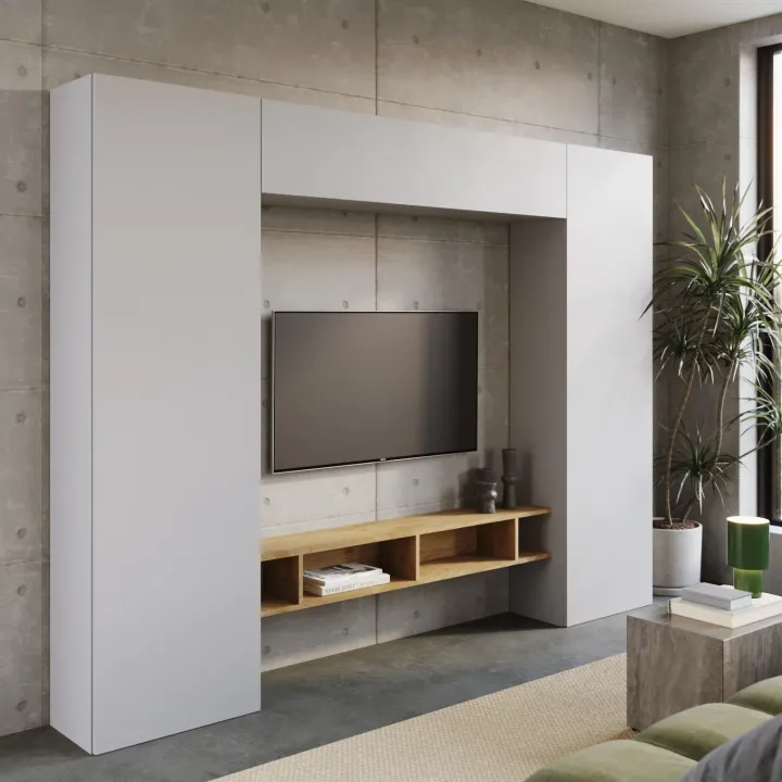 Parete attrezzata 246x186h cm soggiorno rovere chiaro grigio chiaro Sunset 1000