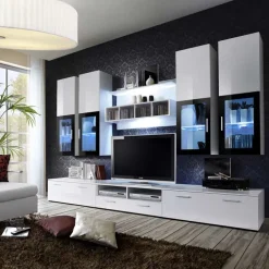 Parete attrezzata 300x190h cm soggiorno bianco lucido Barrie Gihome®