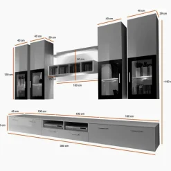 Parete attrezzata 300x190h cm soggiorno nero e bianco lucido Barrie Gihome®