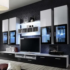 Parete attrezzata 300x190h cm soggiorno nero e bianco lucido Barrie Gihome®