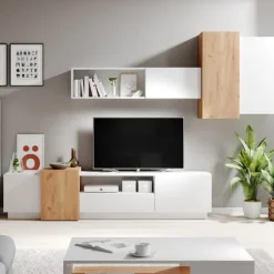Parete attrezzata 300x183h cm soggiorno bianco opaco quercia James