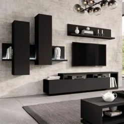 Parete attrezzata 219x205h cm soggiorno nero opaco Megan Gihome®