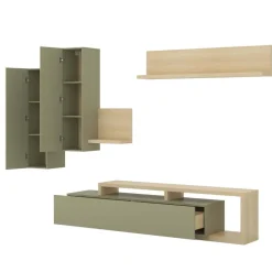 Parete attrezzata 219x205h cm soggiorno verde salvia rovere Megan Gihome®