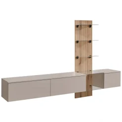 Parete attrezzata 220x160h cm sospesa beige cashmere rovere con stampa nera Halo