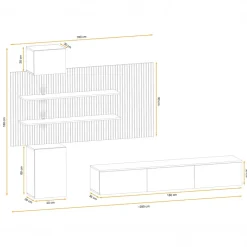 Parete attrezzata 220x160h cm sospesa beige cashmere rovere con stampa nera Halo